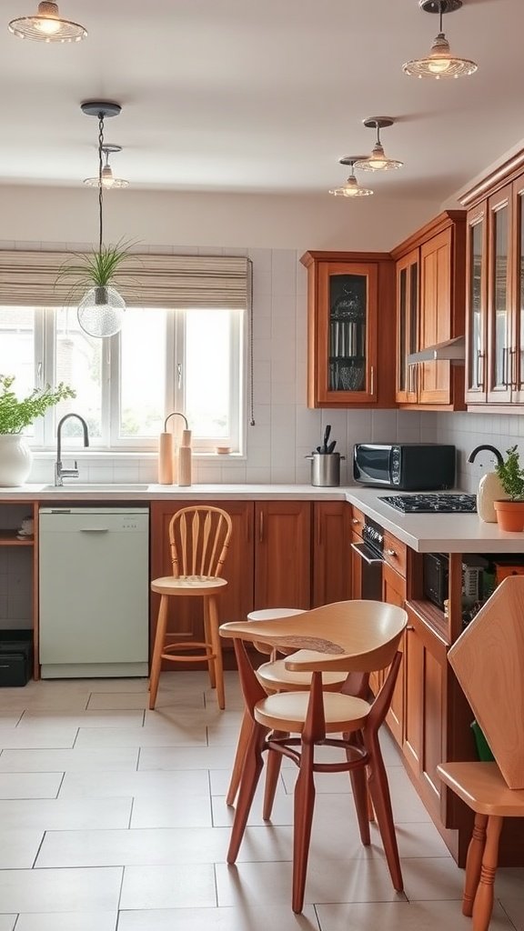 A cozy retro-inspired U-shaped kitchen with wooden cabinets and neutral tones.