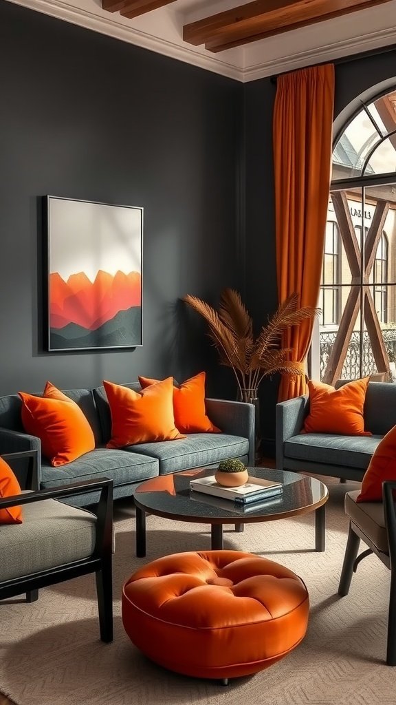 A stylish living room featuring charcoal gray walls and burnt orange accents, showcasing pillows and an ottoman.