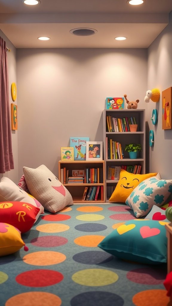 Cozy carpeted reading area for kids with colorful pillows and a small bookshelf