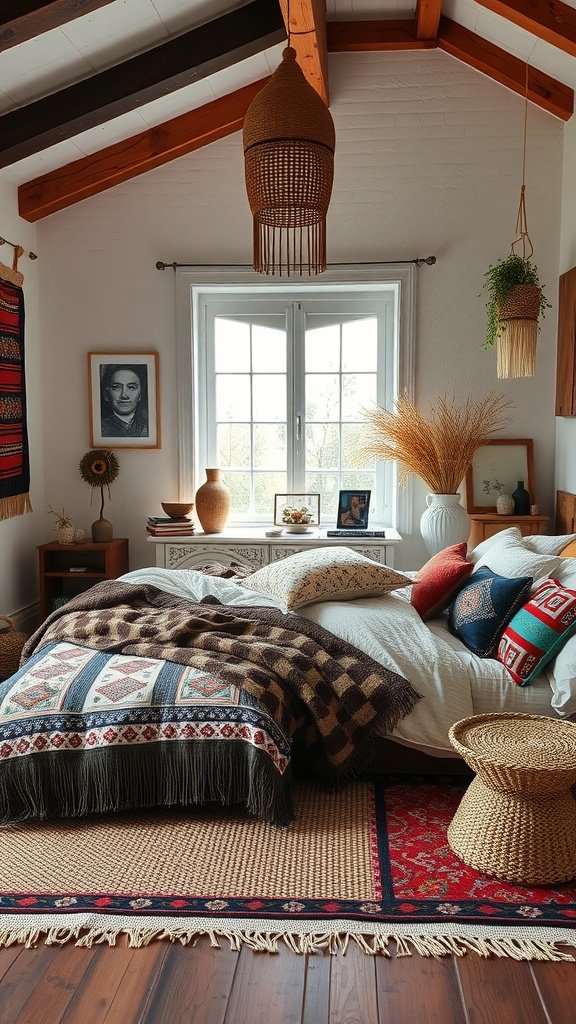 Cozy boho bedroom with wooden beams, patterned bedding, and natural decor elements