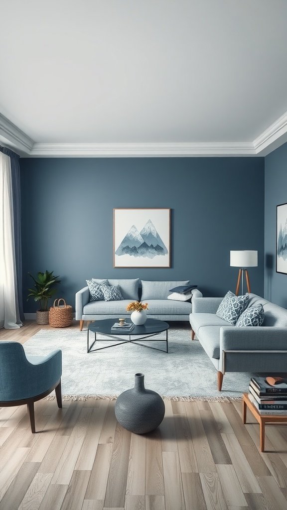 A modern living room featuring a cold color palette with blue walls and furniture