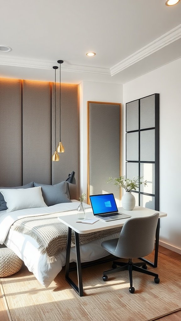 A well-designed guest bedroom and home office combo featuring a bed and a workspace.