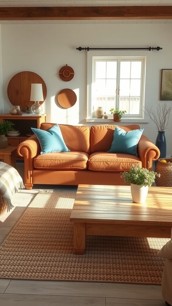 A bright farmhouse living room featuring a brown couch with blue cushions, wooden coffee table, and warm lighting.
