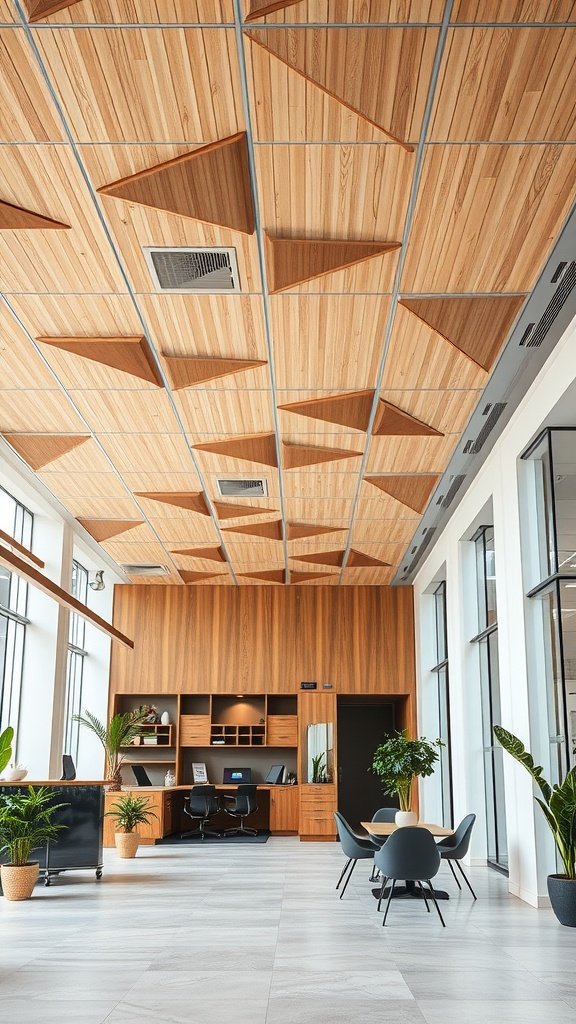 A modern office interior featuring a unique wooden statement ceiling with geometric designs.