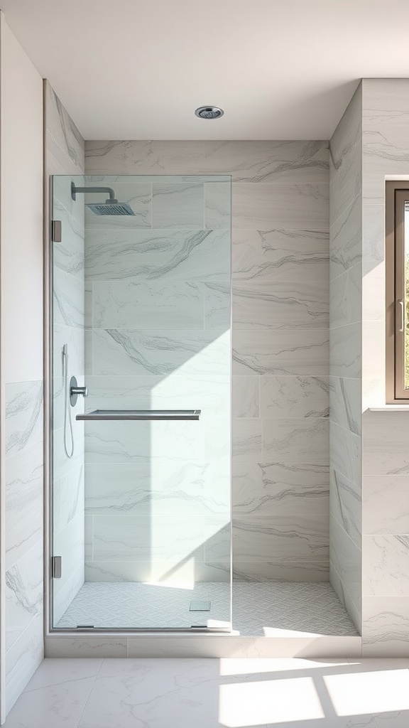 A modern doorless shower with a clear glass panel, featuring light-colored tiles and a spacious design.