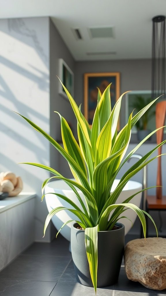 A healthy Dracaena plant with long, green and yellow leaves in a modern bathroom setting.