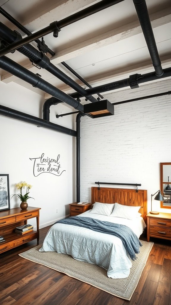 Modern industrial bedroom featuring black pipes on the ceiling and wooden furniture.