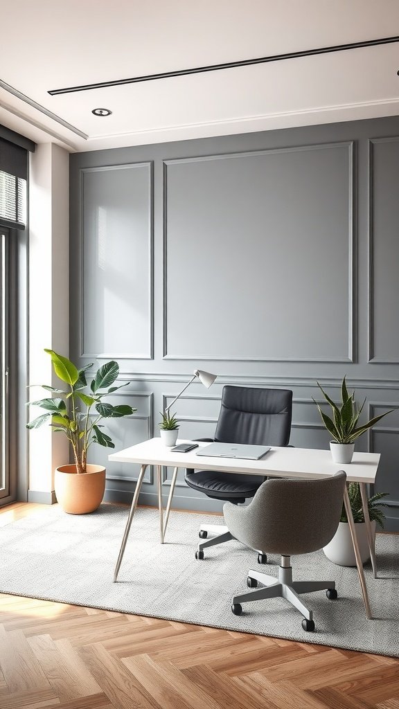 An office space featuring a gray wainscoted wall with a sleek desk, a chair, and potted plants.