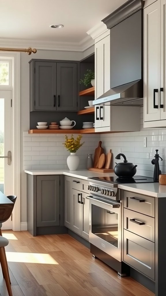 A modern kitchen featuring grayscale and white cabinets with black accents and open shelving.