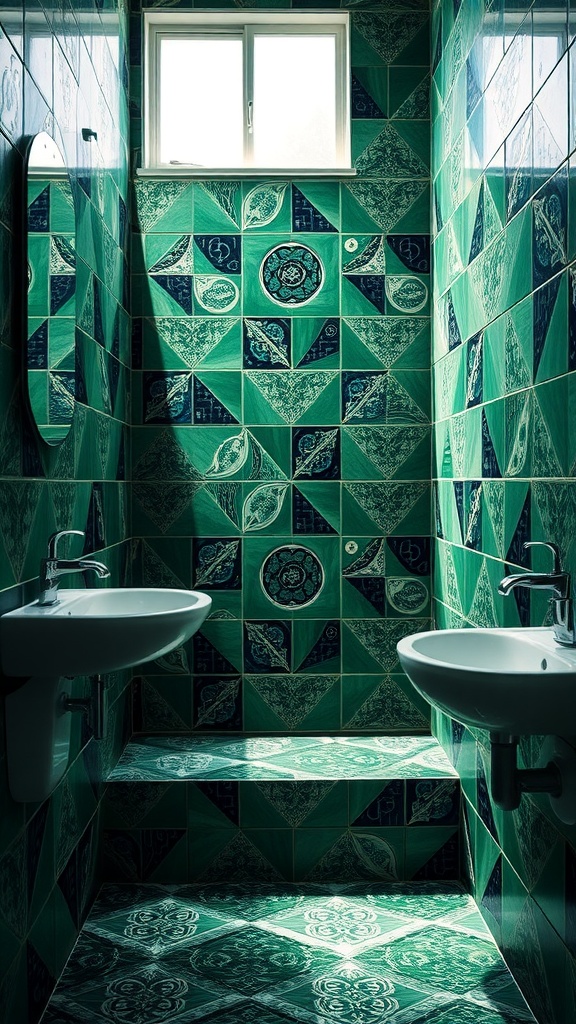Bathroom featuring green and black patterned tiles on walls and floor, with two sinks and a window.