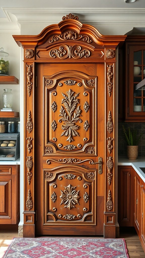 A beautifully carved wooden pantry door with intricate designs and warm tones.
