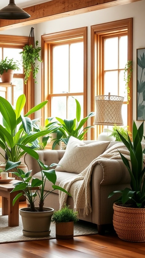 A cozy living room featuring a sofa surrounded by various plants, creating a warm and inviting atmosphere.