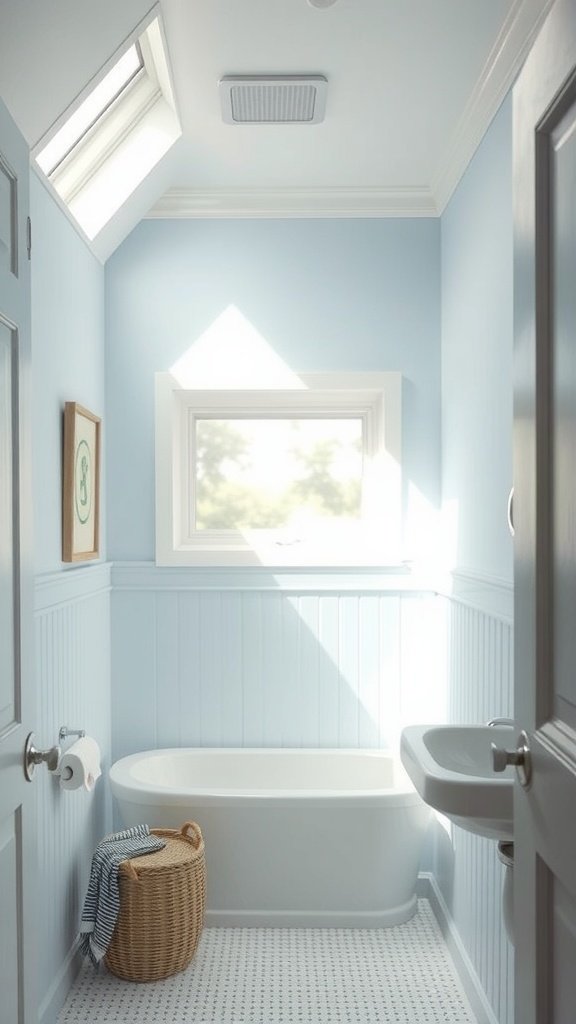 Small bathroom painted in light blue, featuring a bathtub and natural light