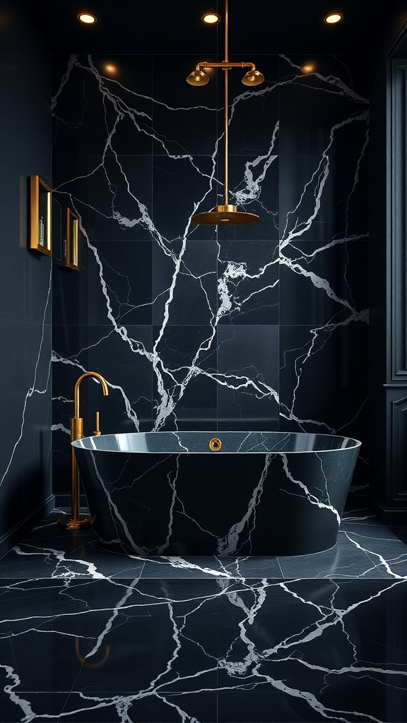Luxurious bathroom with black marble walls and floor, freestanding bathtub, and golden fixtures.
