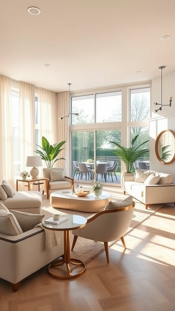 A bright and airy living room-dining room combo with large windows and light furniture, showcasing plenty of natural light.