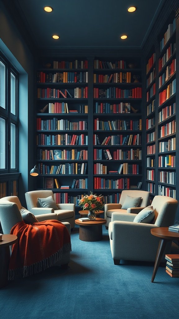 Cozy reading room with midnight blue walls, colorful bookshelves, and comfortable chairs.