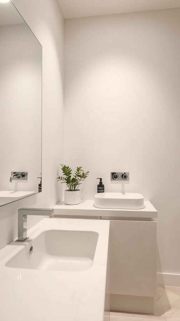 A minimalist bathroom featuring a simple sink, a small potted plant, and a sleek countertop.