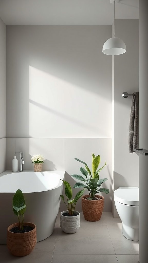 A minimalist bathroom featuring a large tub, stylish plants in pots, and neutral colors.