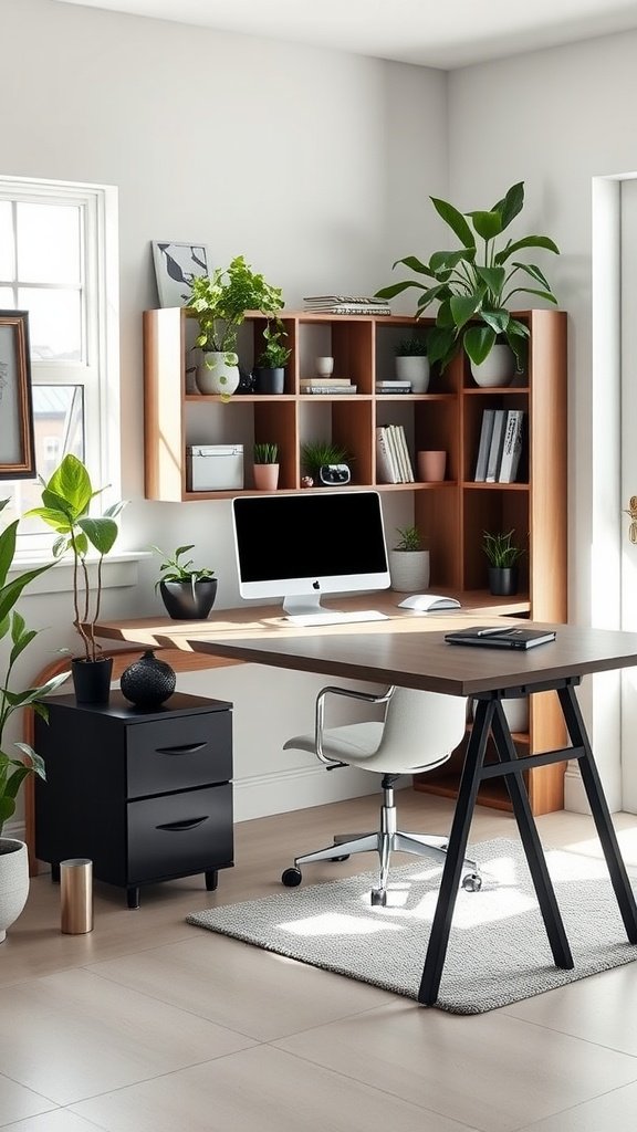 Modern home office with a desk, elevated storage, and plants