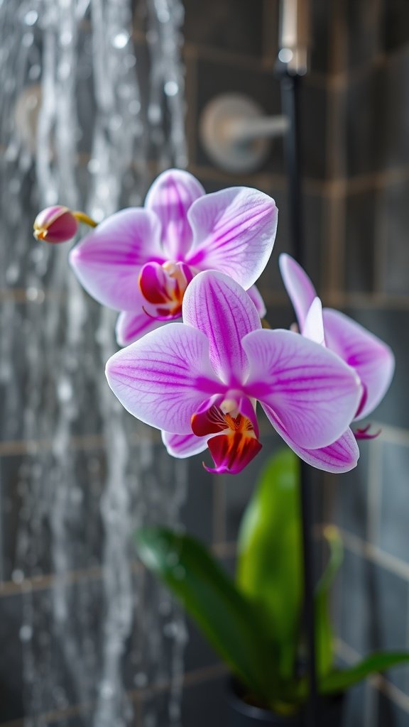 A close-up of a pink and white Moth Orchid in a shower with flowing water in the background.