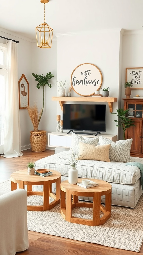 Cozy modern farmhouse living room with natural wood side tables and a light sofa