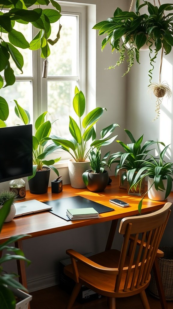A cozy home office setup with a wooden desk surrounded by various indoor plants near a window.