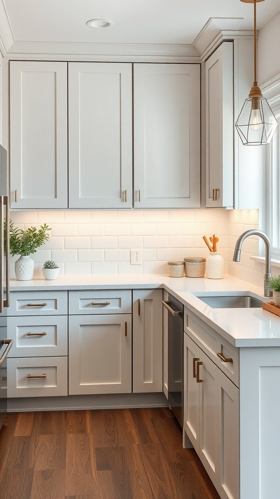 A modern kitchen featuring shaker style cabinets in light gray with gold hardware, complemented by wooden flooring.