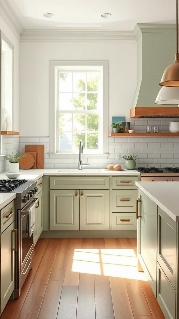 A kitchen featuring Sherwin Williams Clary Sage cabinets with white countertops, wooden accents, and natural light.