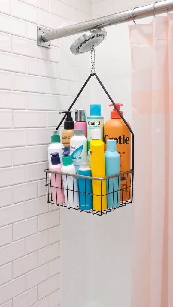 Hanging black wire shower caddy filled with colorful bottles in a bathroom