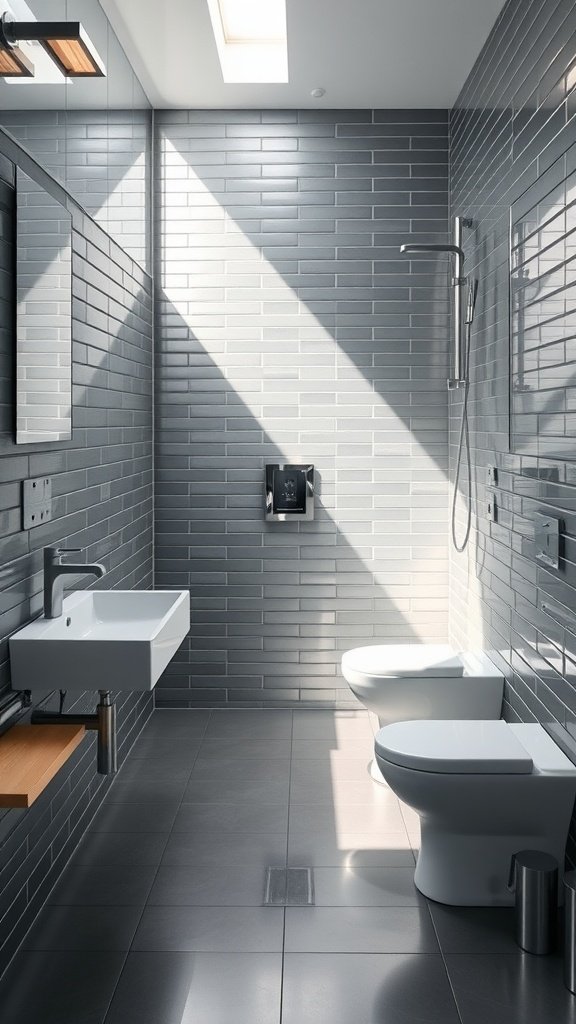 Modern bathroom with sleek metallic gray tiles and wood accents