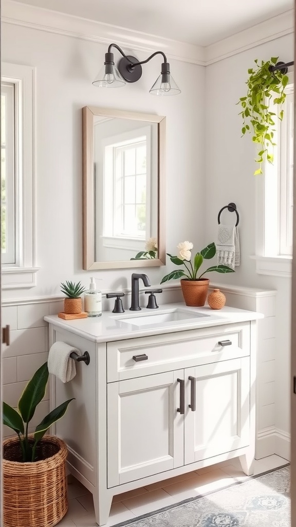 A beautifully updated bathroom vanity featuring white cabinetry, black accents, and plants.