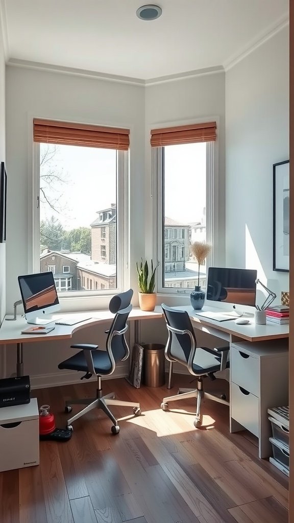 A small home office with two tandem desks positioned along a window, featuring modern chairs, computer monitors, and a plant.