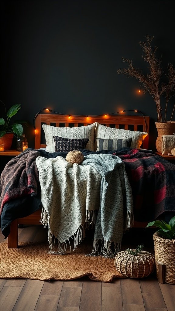 A cozy dark boho bedroom with layered throw blankets on a wooden bed.