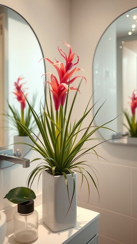 A vibrant Tillandsia plant with pink petals and long green leaves in a modern bathroom setting.