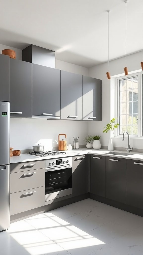 Minimalist U-shaped kitchen with grey cupboards and natural light