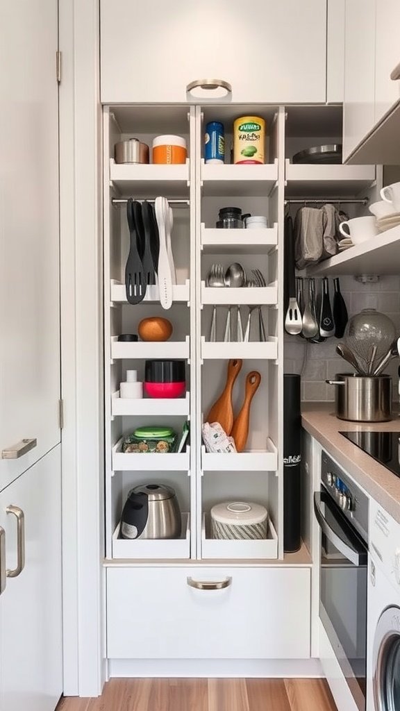 Image of vertical storage drawers in a small kitchen, holding utensils and gadgets organized neatly.