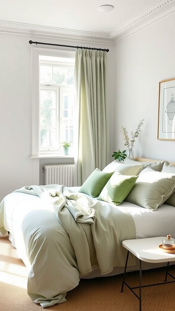 A bright bedroom with white walls and sage green accents including bedding and curtains.