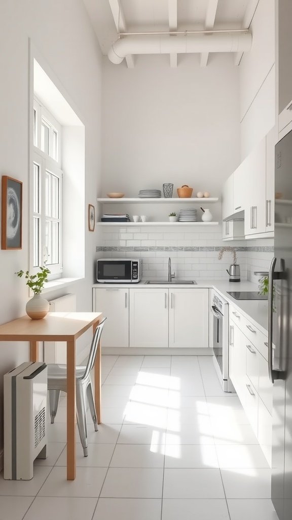 Bright white small kitchen with open shelving and a compact dining table.