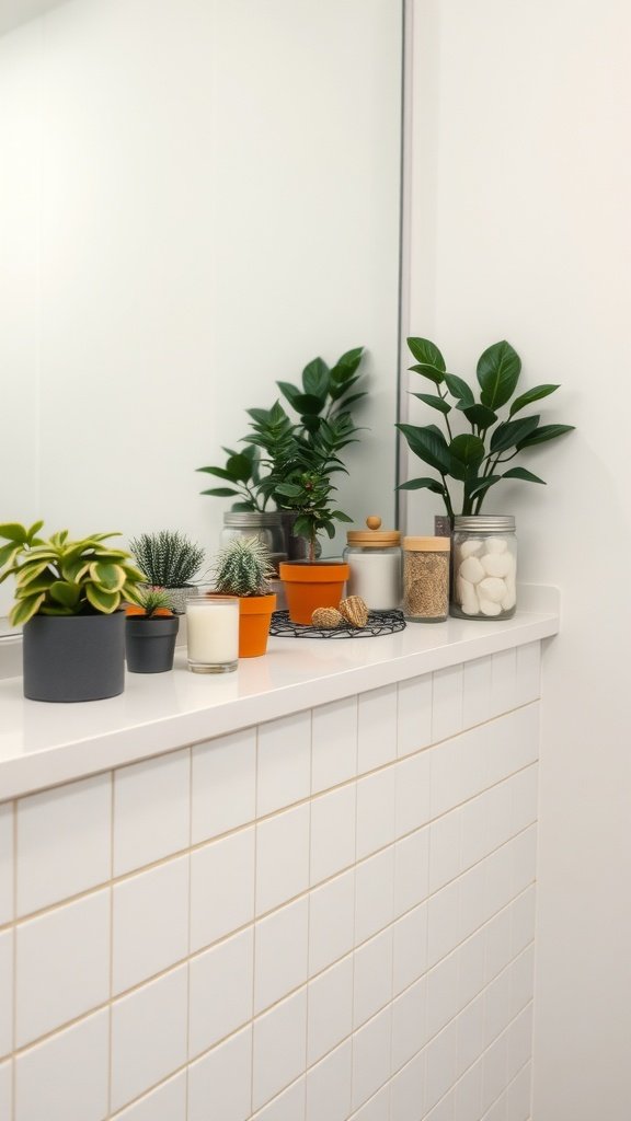 A bathroom ledge decorated with plants, candles, and jars against a bright background.