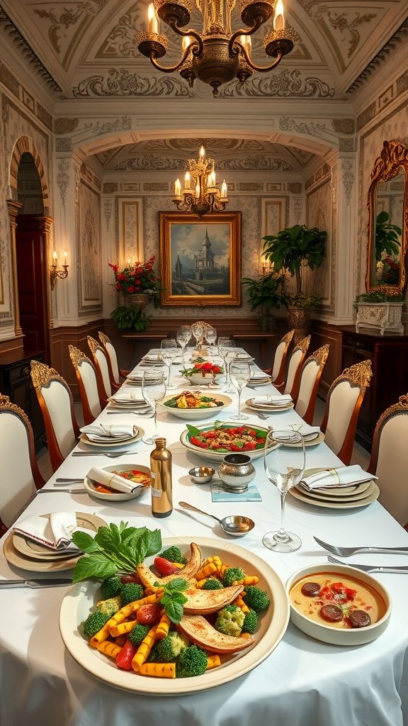 Luxurious Italian dining room with an elegant table set for a meal, featuring various dishes and intricate decor.
