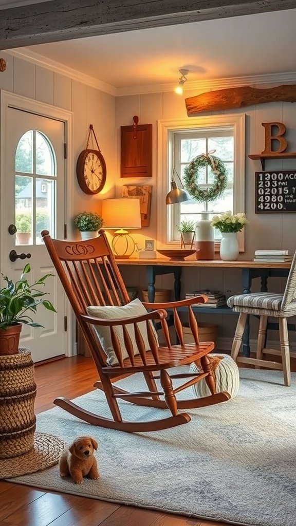 A cozy modern farmhouse living room featuring a classic wooden rocking chair, plants, and warm lighting.