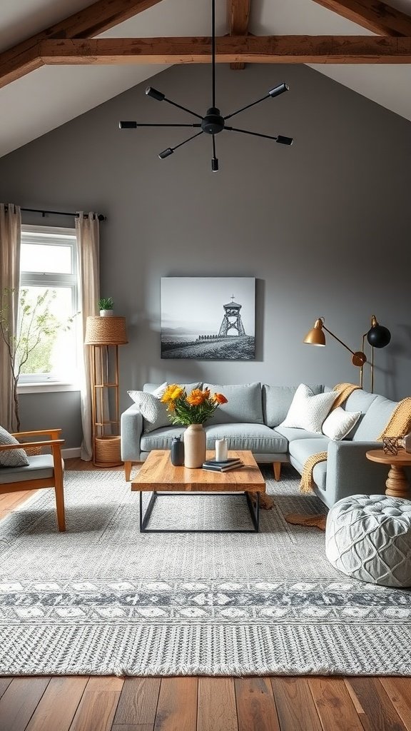 A cozy modern farmhouse living room featuring a soft rug, light grey walls, a grey sofa, and wooden accents.
