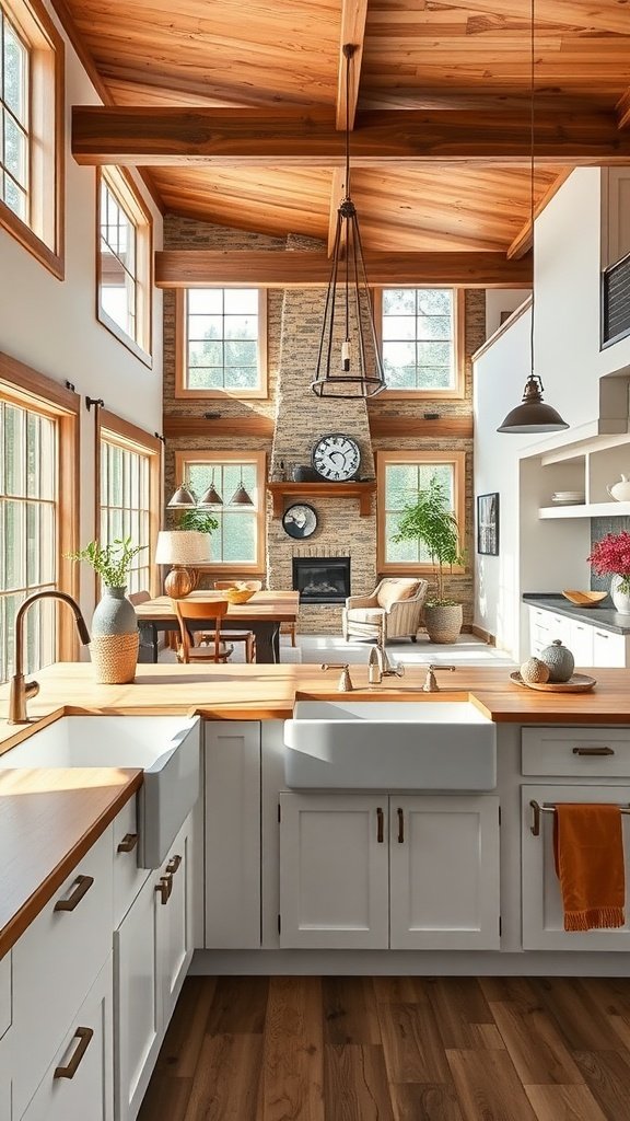 A modern farmhouse kitchen featuring a farmhouse sink with natural wood countertops and an open concept living area.