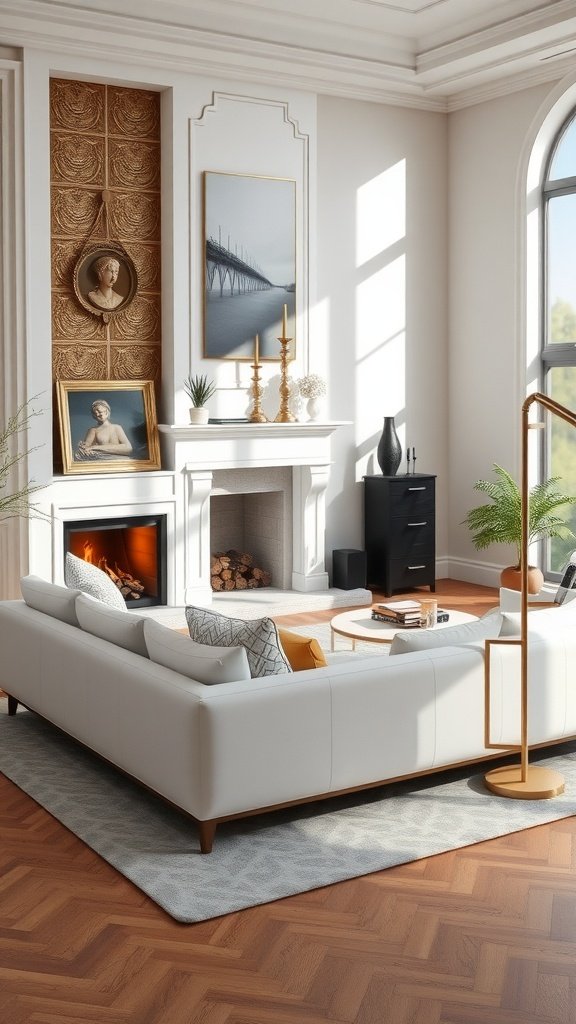 A cozy living room featuring a white sofa facing a traditional fireplace with elegant decor.