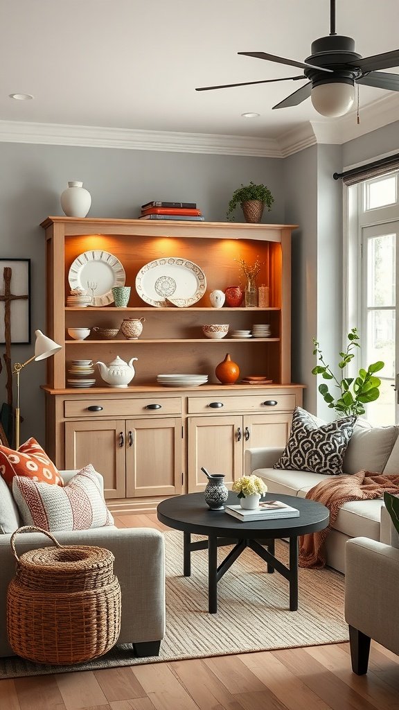 Cozy modern farmhouse living room featuring a wooden hutch displaying china and decorative items.