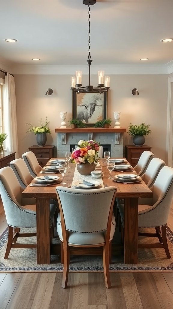 A large, family-sized dining table set for a meal in a modern farmhouse setting.