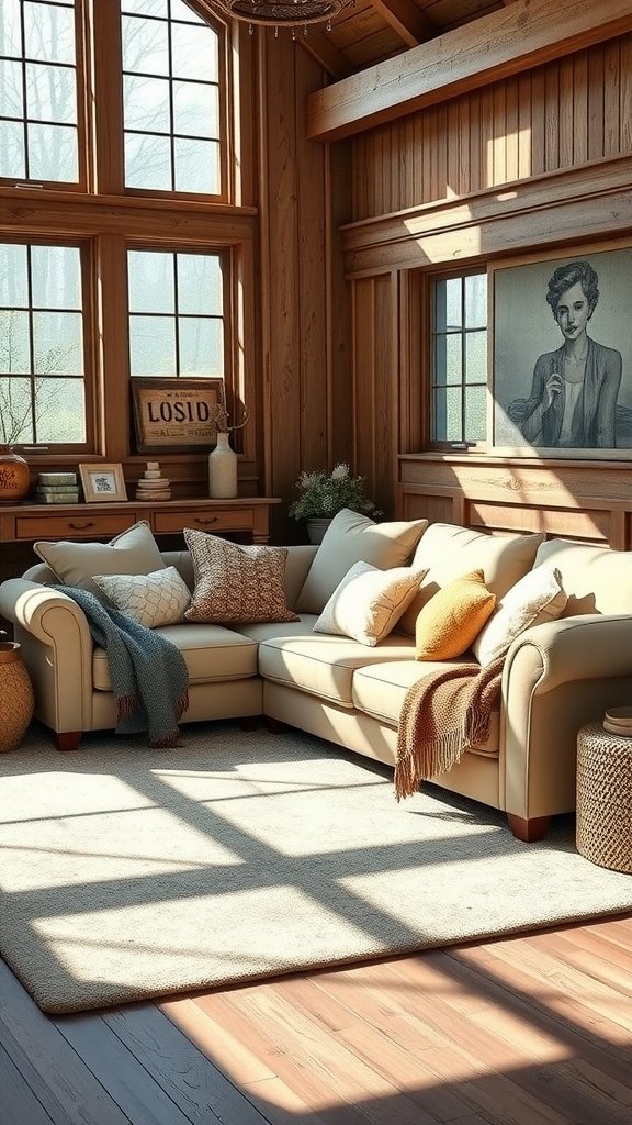 A cozy modern farmhouse living room featuring a large sofa with colorful throw pillows, large windows, and wooden accents.