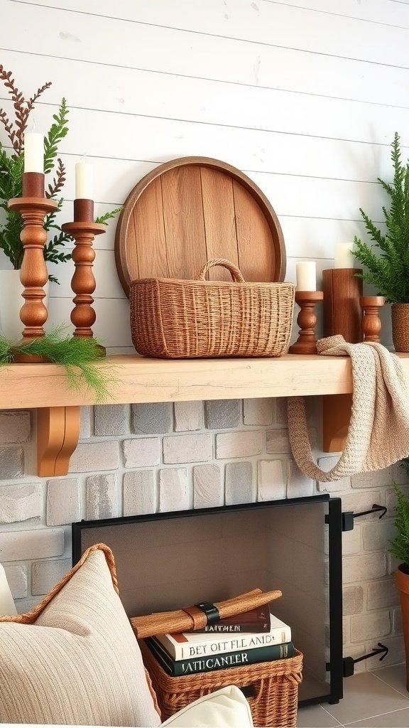 A rustic mantel decor featuring wooden candle holders, a woven basket, greenery, and a cozy atmosphere.