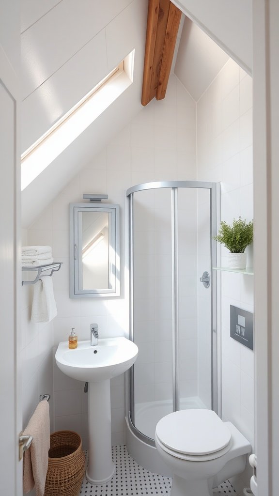 A small bathroom with a slanted roof featuring a skylight, compact shower, and modern fixtures.