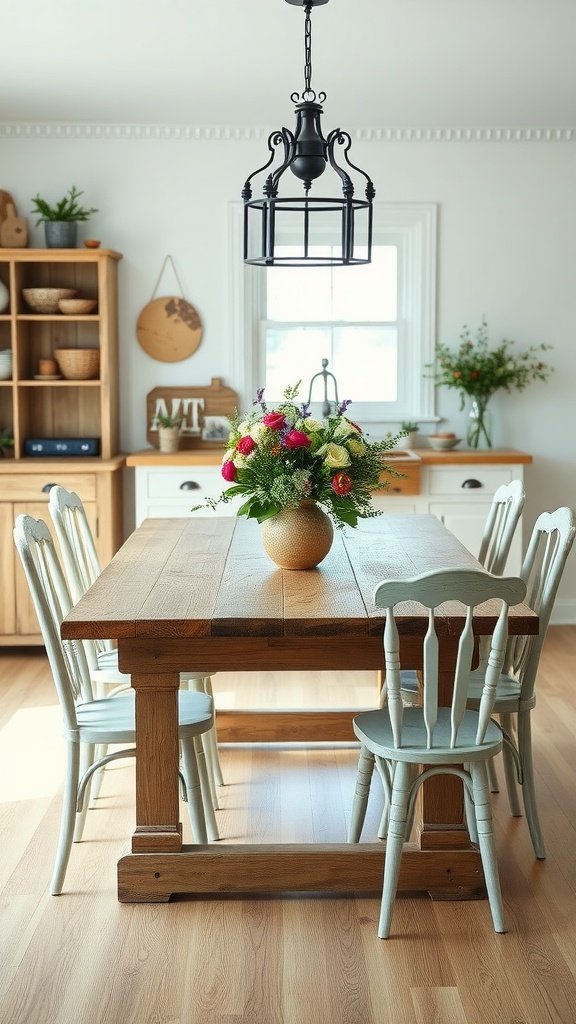 A traditional farmhouse dining set featuring a wooden table, pastel chairs, and a black light fixture, adorned with a floral centerpiece.